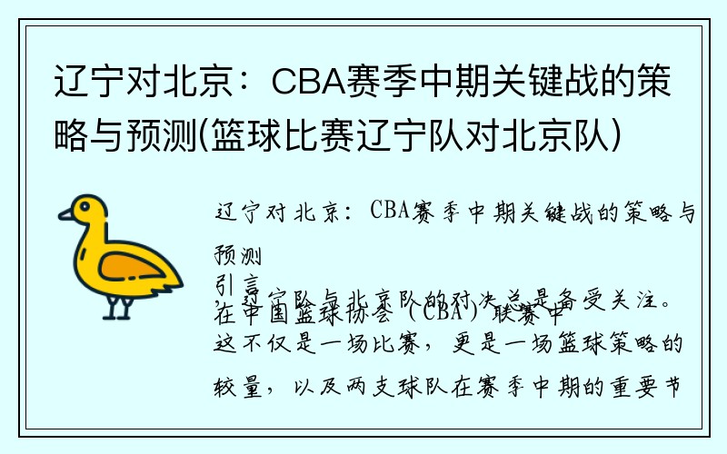 辽宁对北京：CBA赛季中期关键战的策略与预测(篮球比赛辽宁队对北京队)