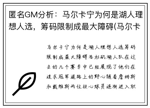 匿名GM分析：马尔卡宁为何是湖人理想人选，筹码限制成最大障碍(马尔卡宁续约)