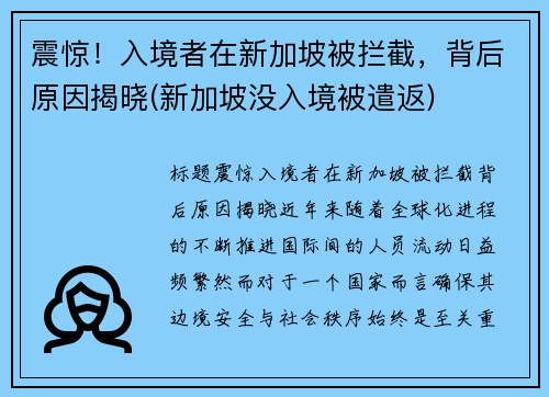 震惊！入境者在新加坡被拦截，背后原因揭晓(新加坡没入境被遣返)